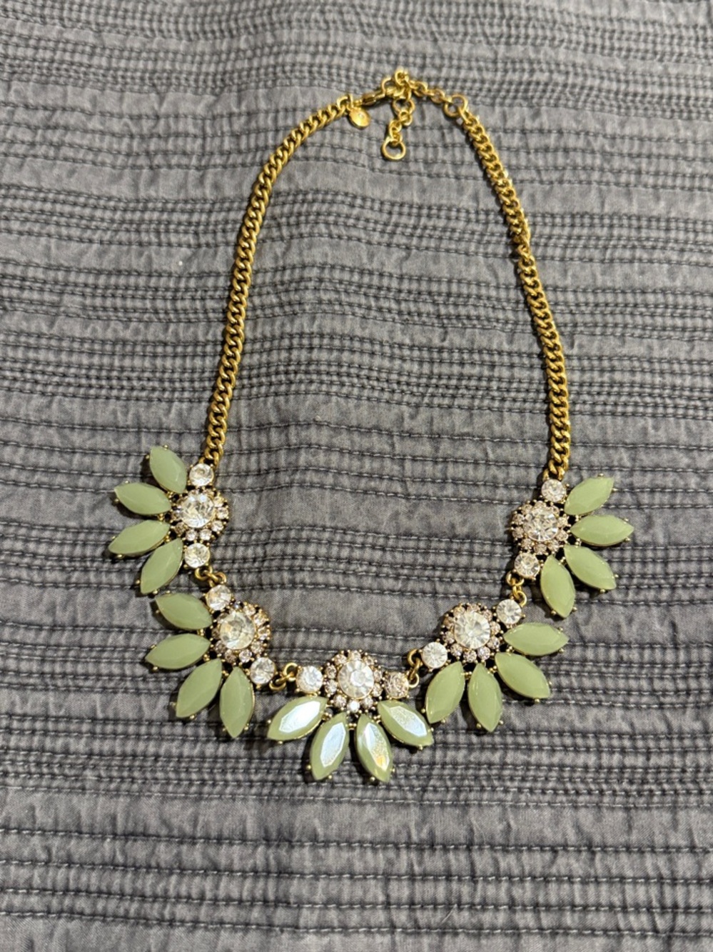 JCREW Gold Chain Statement Necklace with Light Green & Crystal Gem Accents
